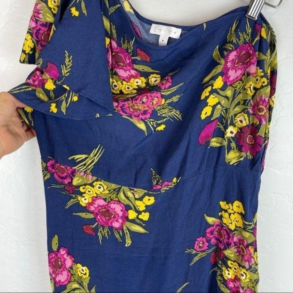 Leith Blue Floral One Shoulder Midi Dress Women's Medium Asymmetrical Flounce - Picture 7 of 7